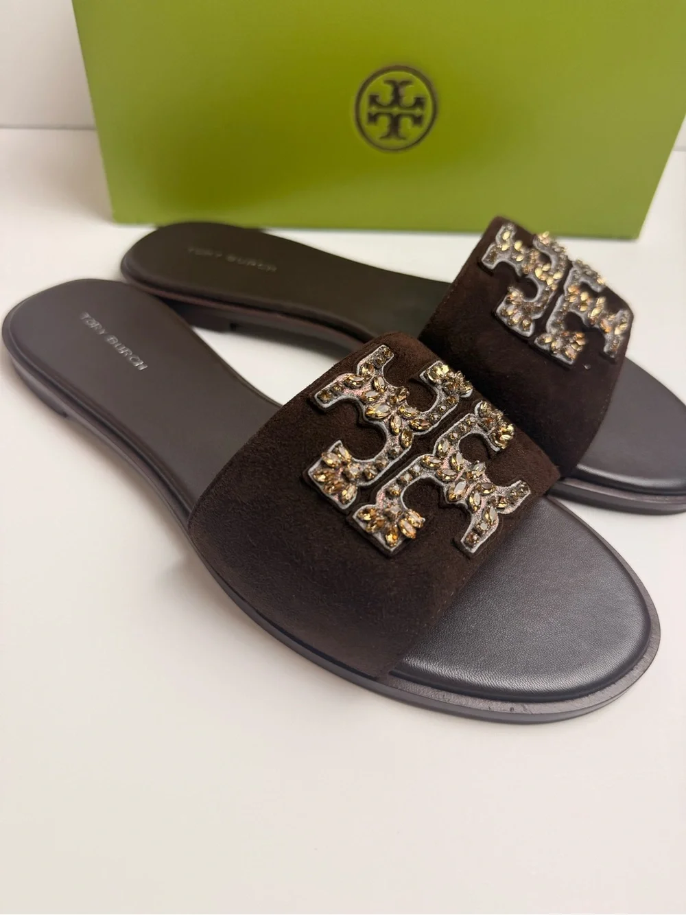 Tory Burch Everly Embellished Slide Sandals Dark Cocoa Brown Suede Crystal US 8